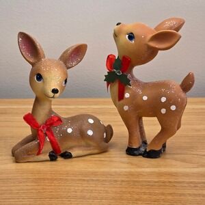Vintage Style Christmas Deer Figurines Set of 2 Brown Glitter Fawn Decor